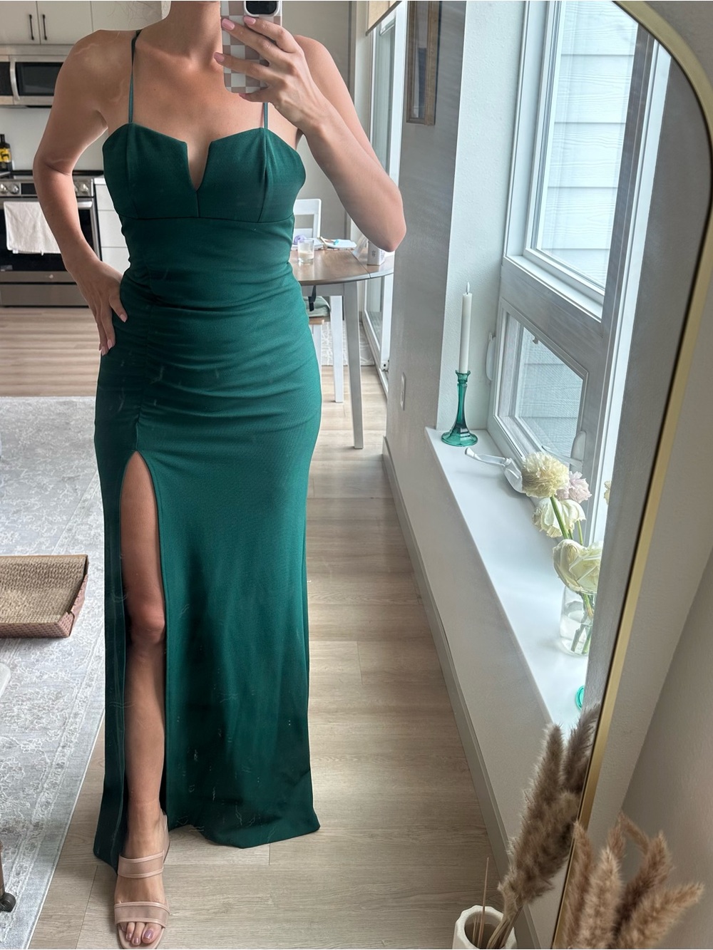 Emerald Sundae Deep Green Spaghetti-Strap Maxi Dress with Thigh Slit